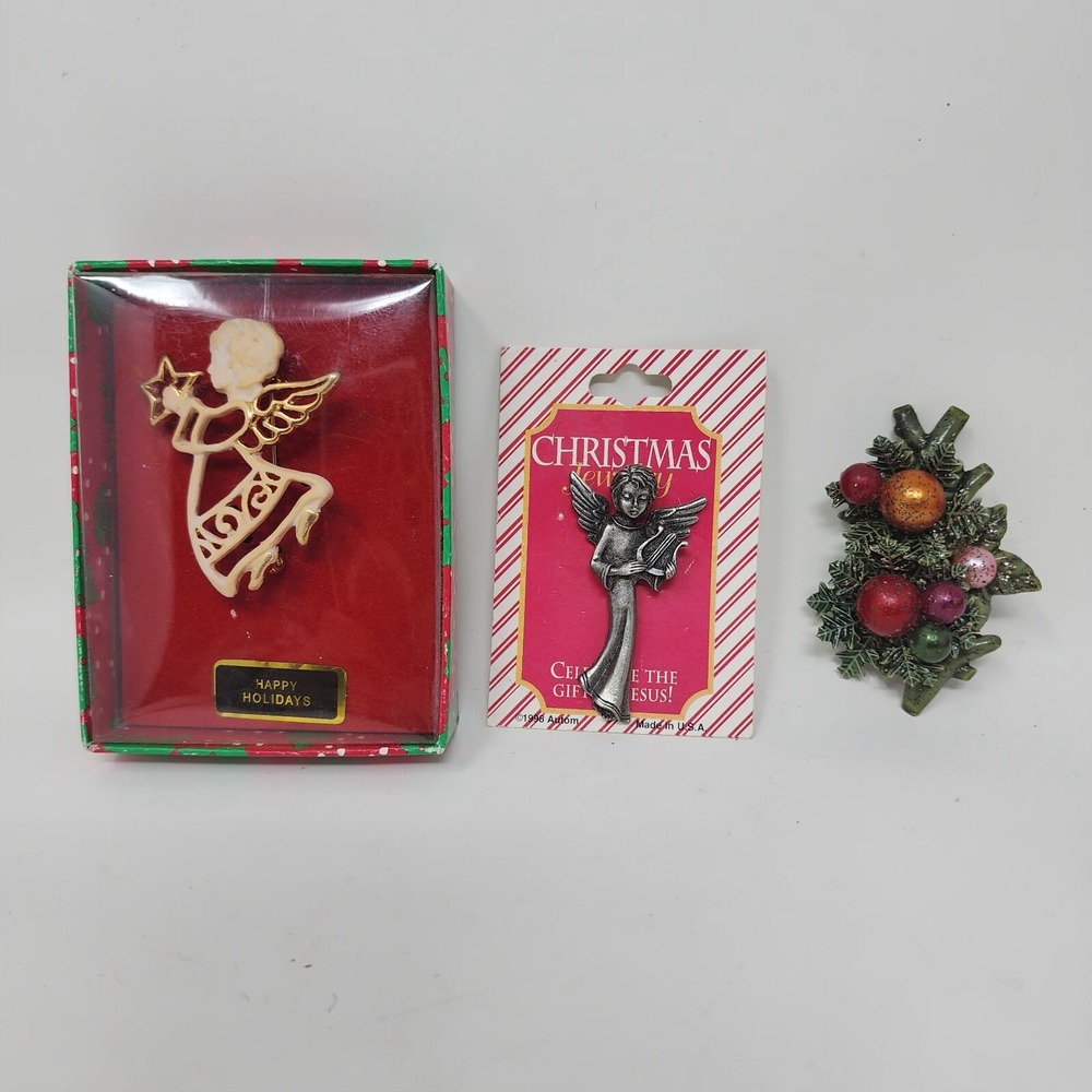 Vtg Christmas Brooch Pin Angels and‎ Ornament Branch Enamel Pewter Lot of 3